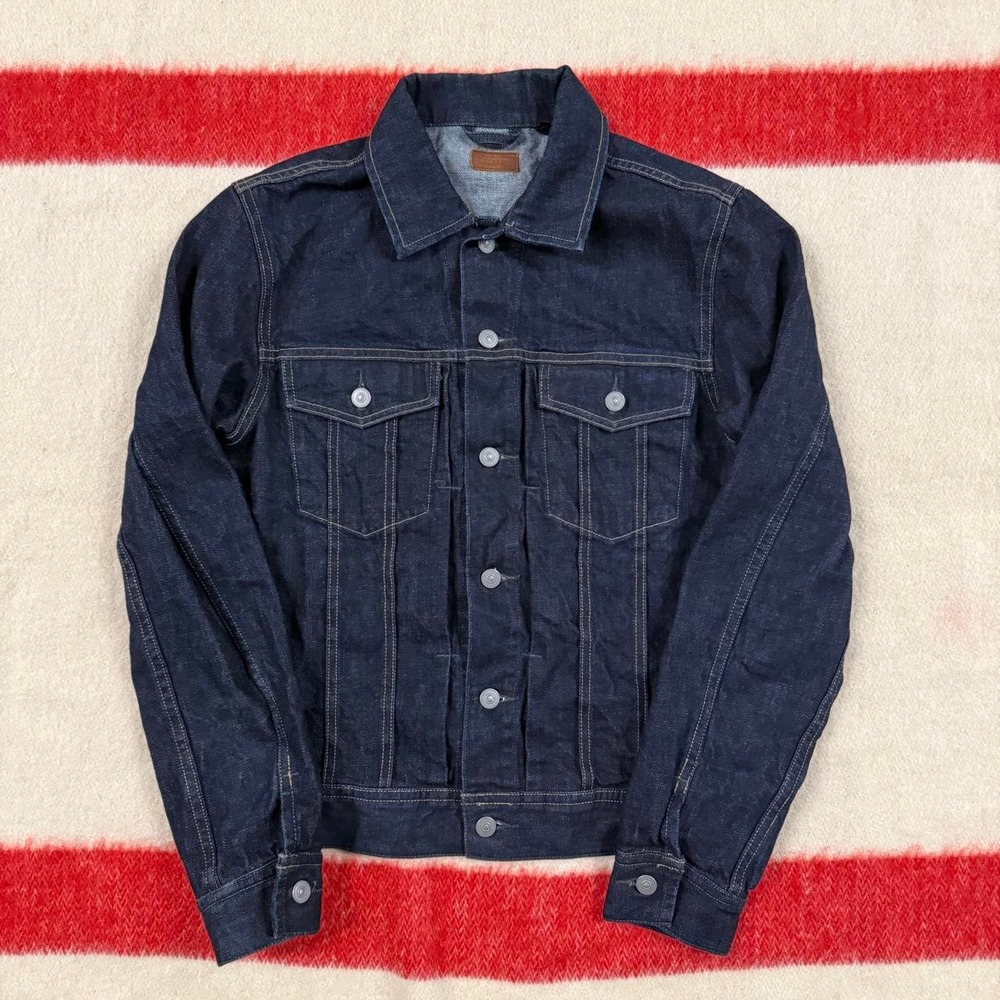 J Crew Pleated Dark Wash Denim Type 3 Trucker Jacket Mens Medium Navy Blue